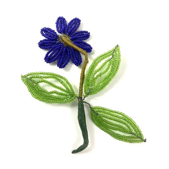 Vintage Handcrafted Beaded Flower Décor Blue & Green Floral Design Wire Stem Mil - Picture 3 of 3